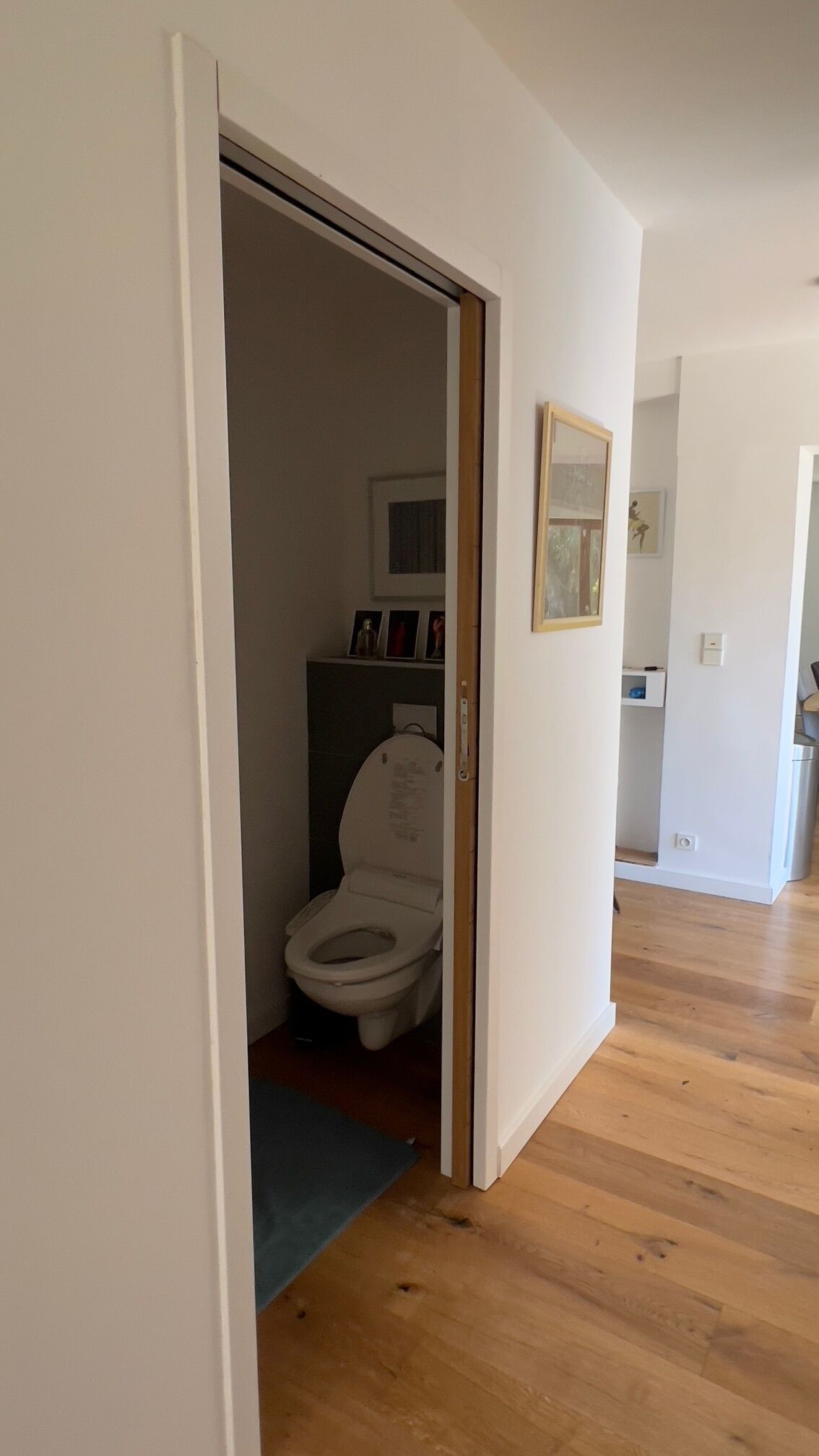 Un bany modern amb vàter, una petita estant amb quadres i un paviment de fusta.