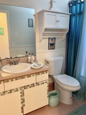 Hair dryer, towels, soap, toilet paper