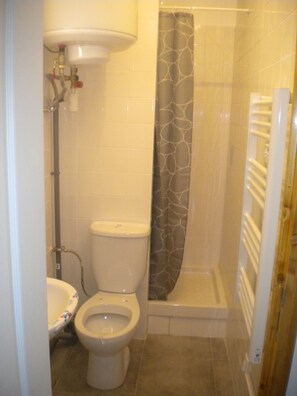 A bathroom with a toilet, a shower, and a bathtub.