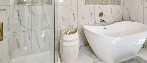 Hair dryer, towels, soap, shampoo