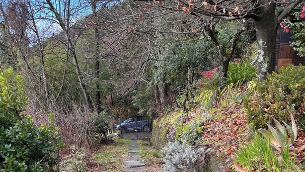 A stone pathway leading through a garden with various plants and a parked car in the background. - The front, Cozy house in the hills in front of Forte dei Marmi (Pietrasanta)
