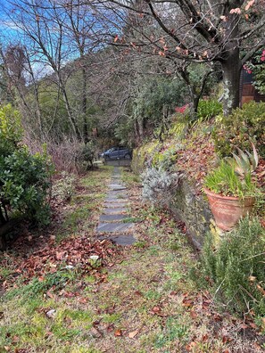 A stone pathway leading through a garden with various plants and a parked car in the background. - The front, Cozy house in the hills in front of Forte dei Marmi (Pietrasanta)