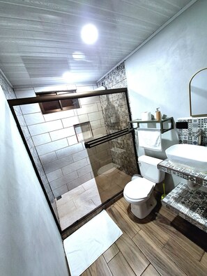 Hair dryer, towels, soap, shampoo