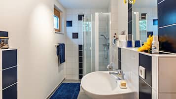 Shower, hair dryer, towels