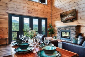 Smart TV, fireplace, books