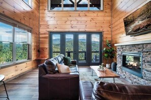 Smart TV, fireplace, books