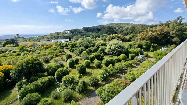 A balcony with a view of a landscaped garden and a hill in the distance. - Beautiful bright apartment, exceptional view (Vallauris)