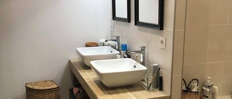 Shower, hair dryer, soap, toilet paper