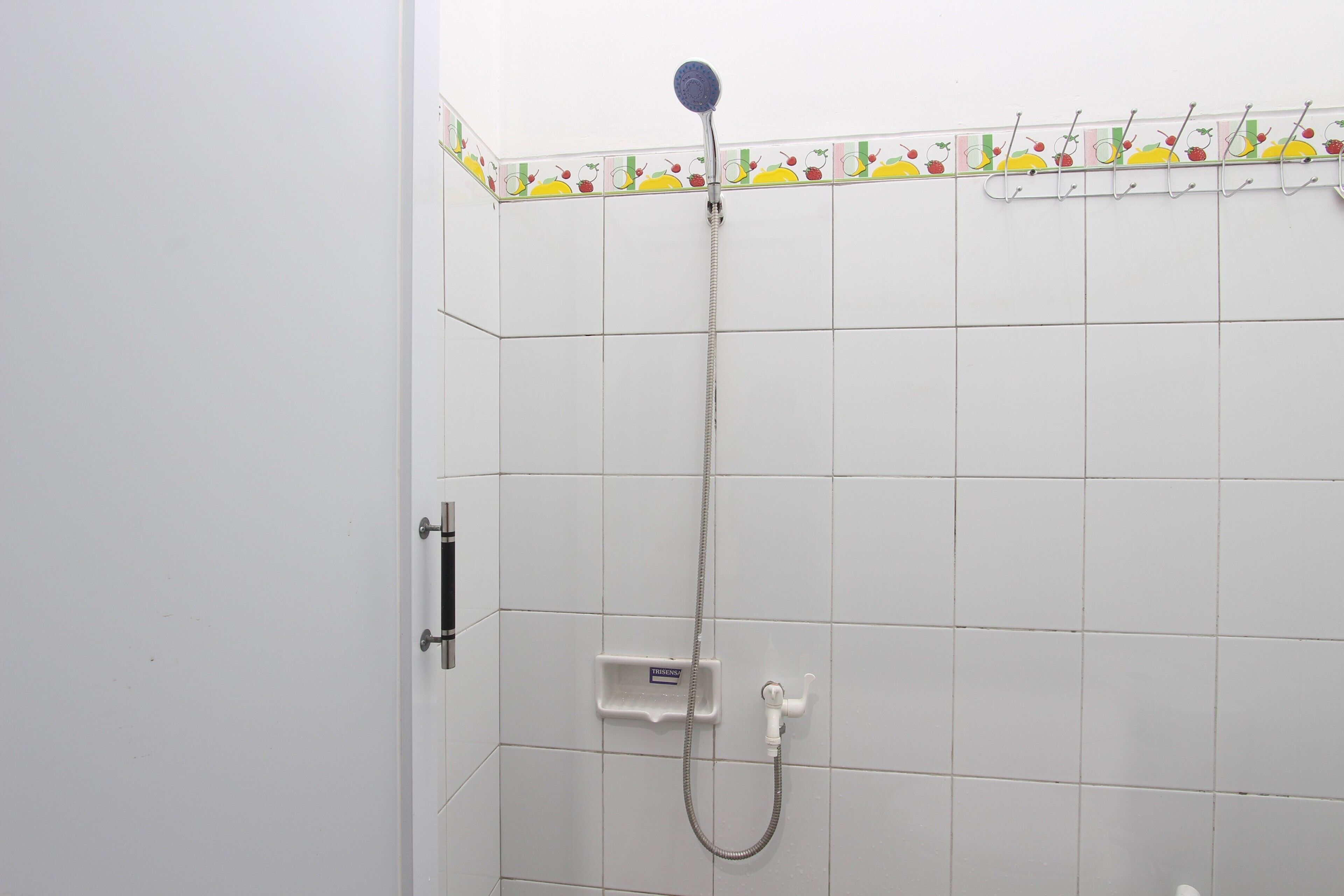 A shower with a handheld showerhead and a wall-mounted faucet.