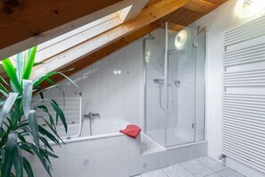 Shower, hair dryer, towels, soap