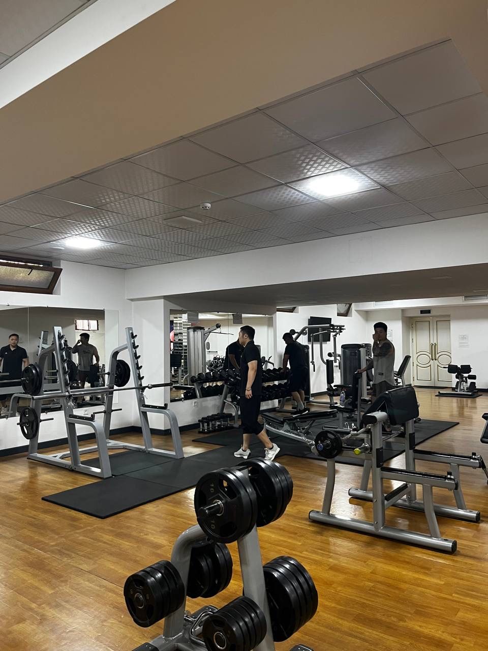 Ein Fitnessstudio mit unterschiedlichen Trainingsgeräten, darunter Hanteln und Kraftmaschinen.