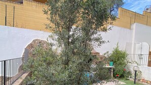 A landscaped garden with a central tree, a stone wall, and a building in the background. - Comfortable and cozy Villasimius apartment 5 minutes from the center  (villasimius)