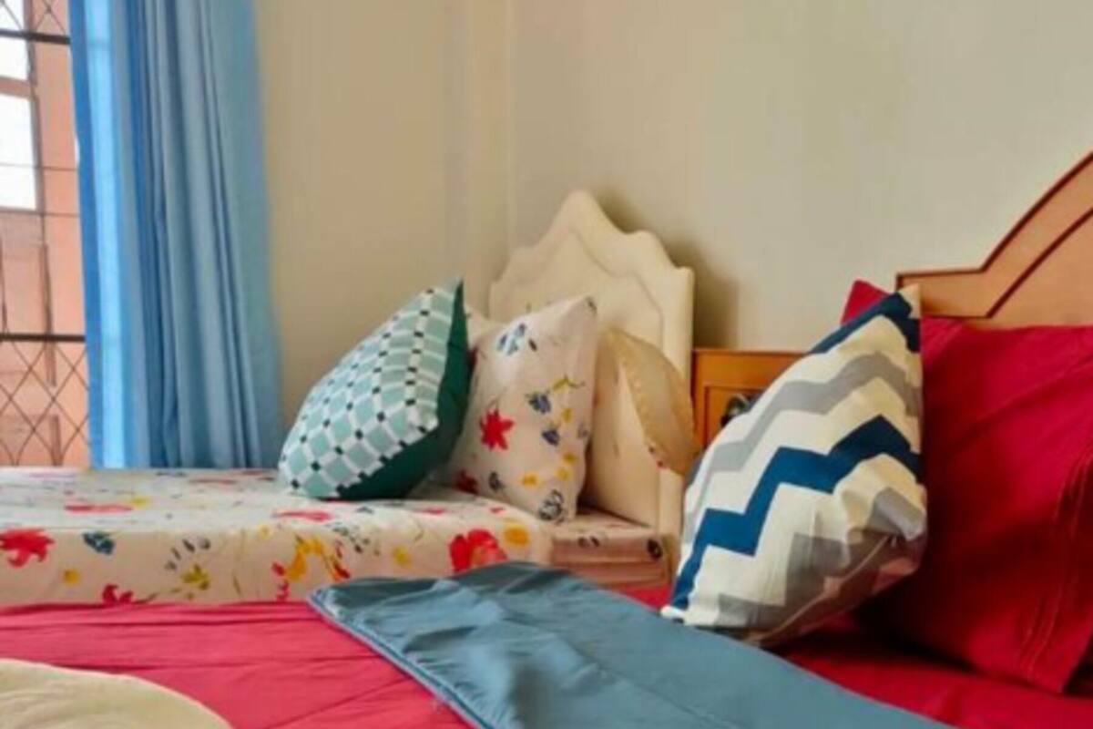 A bed with a red and blue bedspread, multiple pillows, and a headboard.