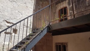 A staircase with metal railings and plants growing on it, leading to a building with a rough, textured wall and a window with a wooden frame.