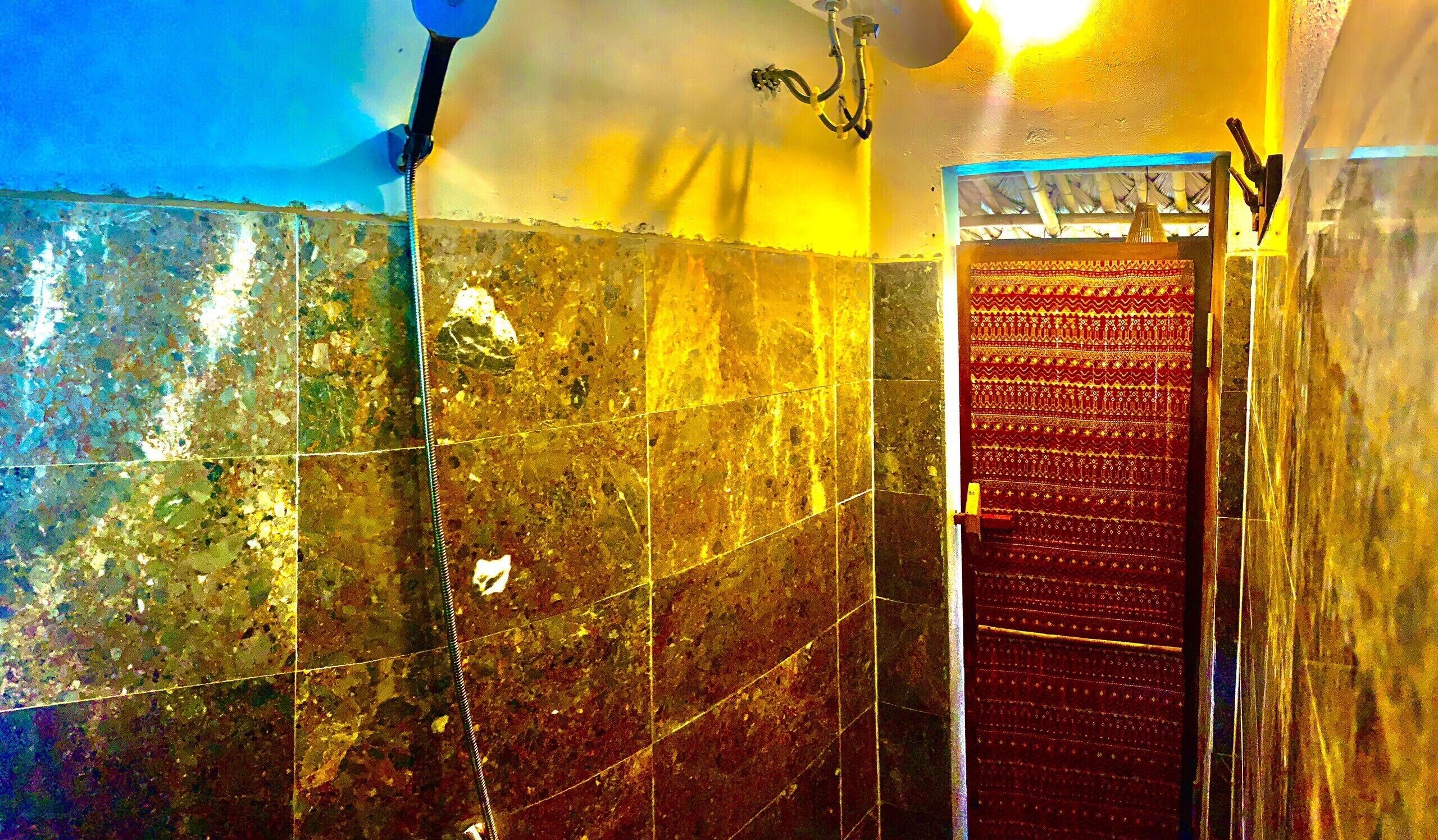 A bathroom with tiled walls, a shower area, and a door with a patterned design.