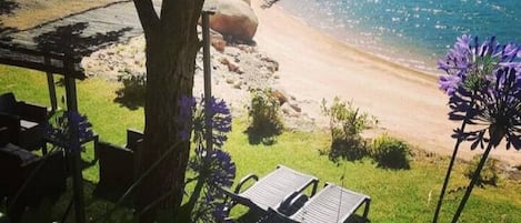 Une vue sur la plage avec un fauteuil de relaxation et une table, le tout entouré de verdure et d’un arbre.