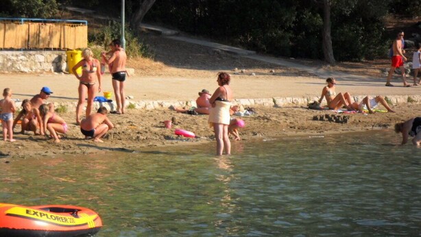 A beach scene with people relaxing and swimming. - Blue house apartment Korčula (Žrnovo,)