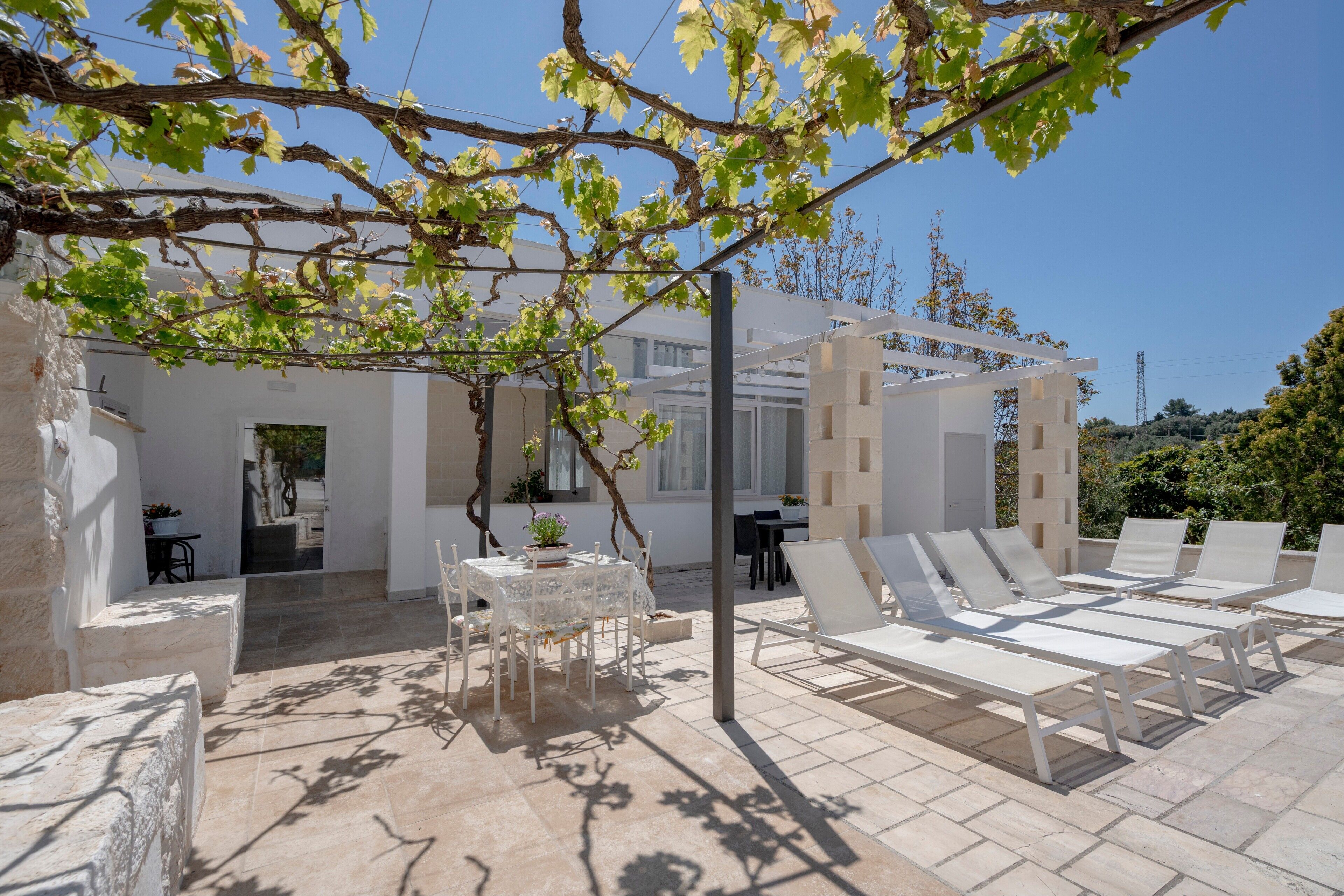 Un patio con poltrone bianche, un tavolo e una pergola ricoperta di viti.