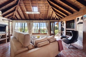 A living room with a wooden ceiling, a sofa, a television, and a fireplace.