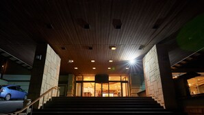 Un conjunto de escalones exteriores que conducen a la entrada de un edificio con techo de madera y varias luces.