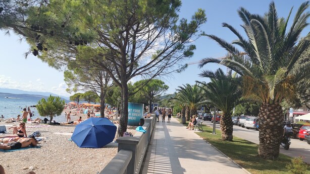 Eine Uferpromenade mit befestigtem Gehweg, Strandbesuchern und Palmen.