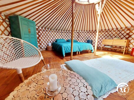 1 bedroom, bed sheets. Yurt for 2 Adults & 2 Kids in Serene Nature, Shared Kitchen & Extensive Amenities