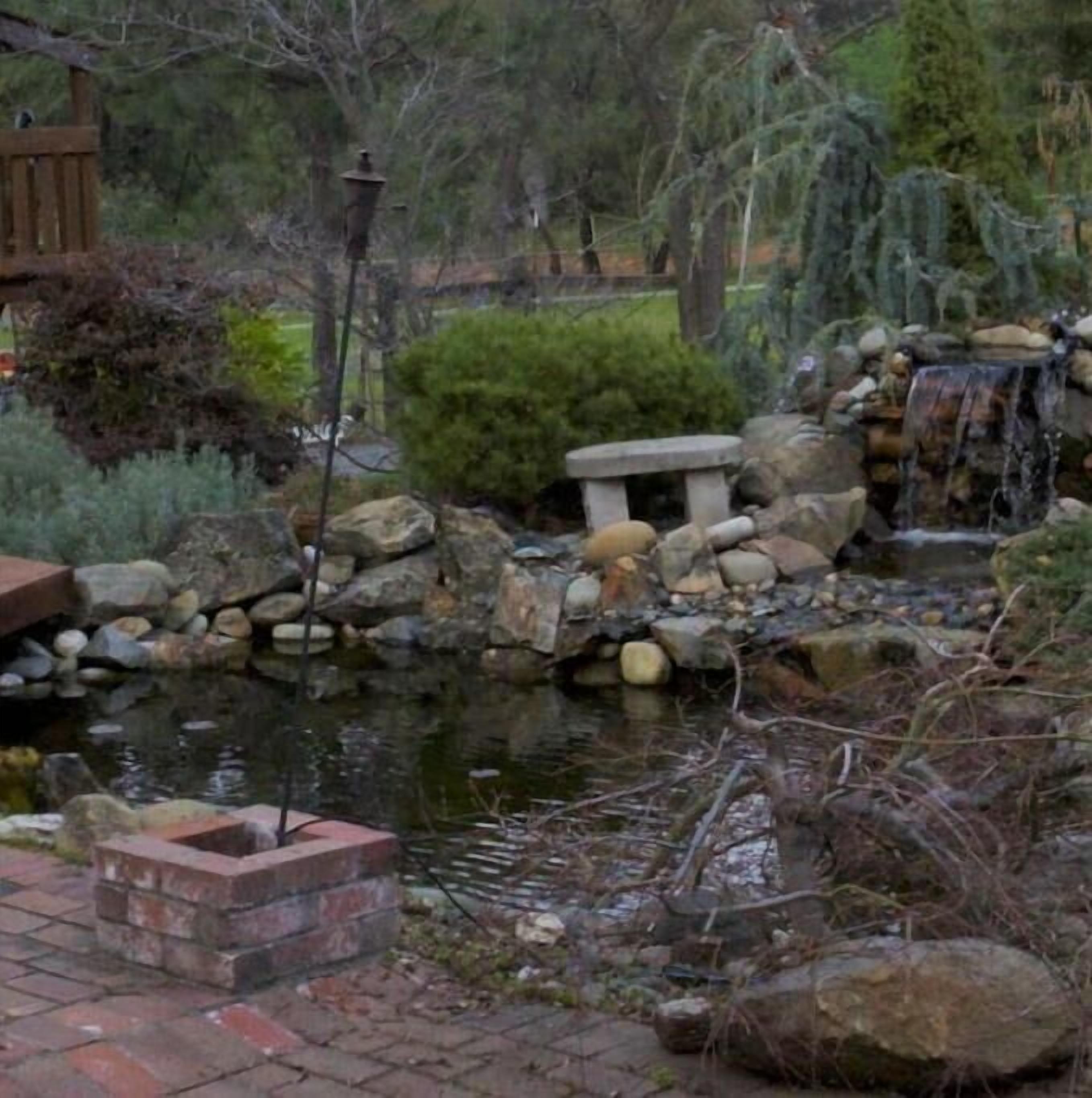 Un jardin avec un étang, des rochers, une terrasse en bois et un banc en pierre.