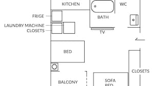 A floor plan with a kitchen, bathroom, laundry area, and multiple bedrooms including a balcony and sofa bed. - TORA HOTEL Sensoji MOON (Tokyo)
