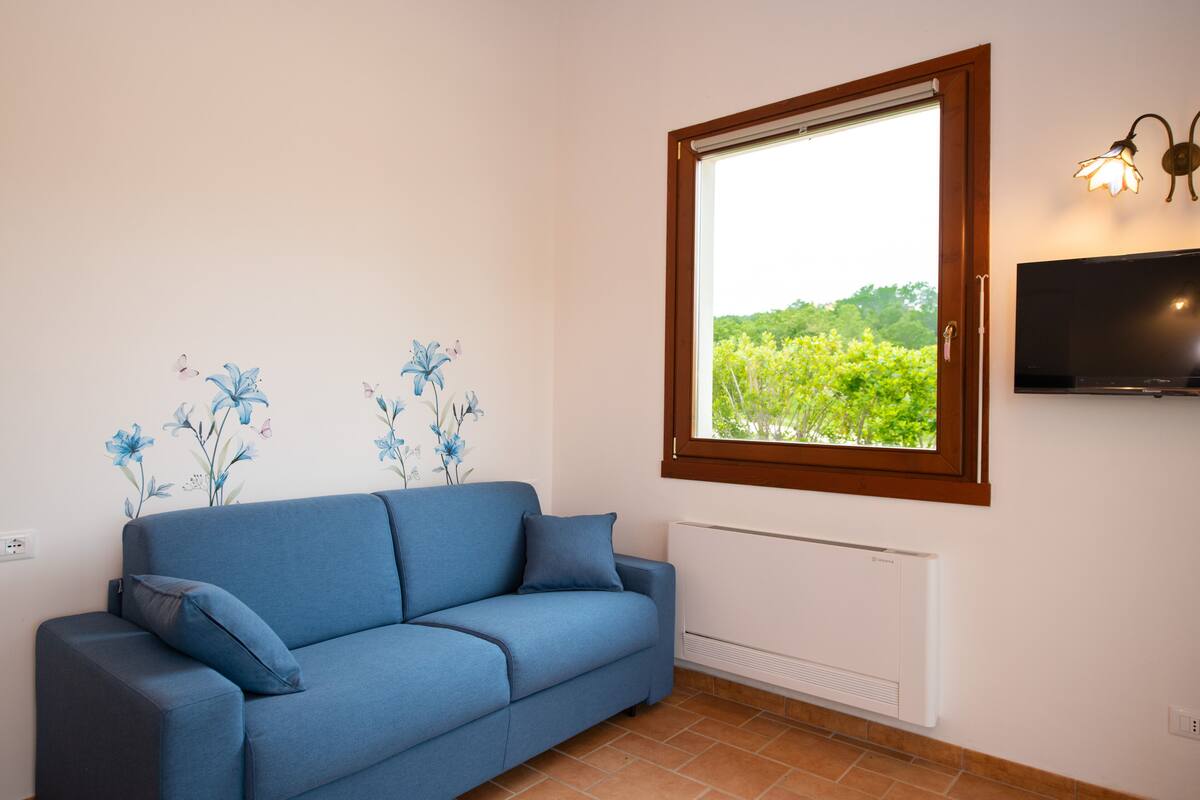 A blue sofa with a window and a wall-mounted TV.