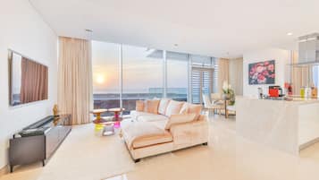 Premium Apartment, 2 Bedrooms, Balcony, Sea View | Living area | 75-inch LED TV with satellite channels, TV, Netflix