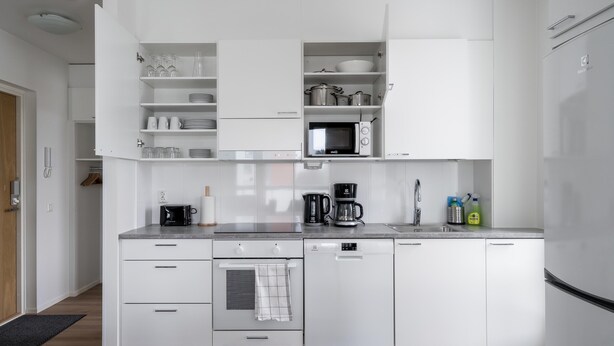 Coffee/tea maker, fridge, microwave, stovetop - Family Apartment, 2 Bedrooms, Sauna & Balcony (Järvenpää)