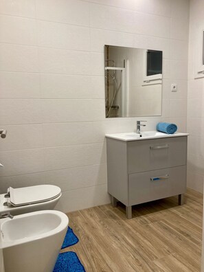 Chuveiro, secador de cabelo, bidê, toalhas de banho