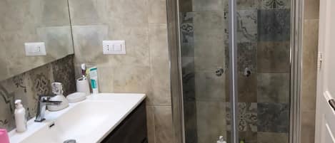 Shower, hair dryer, bidet, towels