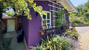 A purple house with a window, a door, and a small porch area with potted plants. - Ferienwohnung Esswiese (Weimar)