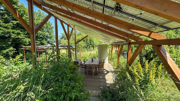 A covered outdoor area with a wooden table and chairs, surrounded by lush greenery. - Ferienwohnung Esswiese (Weimar)