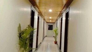 Un largo y estrecho pasillo con paneles de madera en el techo y macetas con plantas a ambos lados.