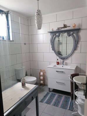 Shower, hair dryer, towels, toilet paper