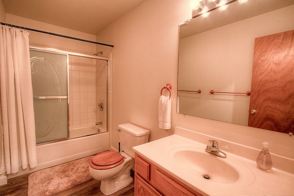 Une salle de bain équipée d’une douche, de toilettes, d’un lavabo et d’un miroir.