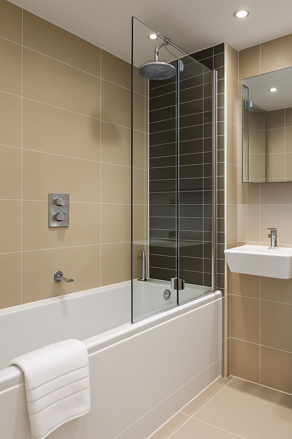 A modern bathroom with a glass-enclosed shower, a white bathtub, and a sink with a mirror above it.