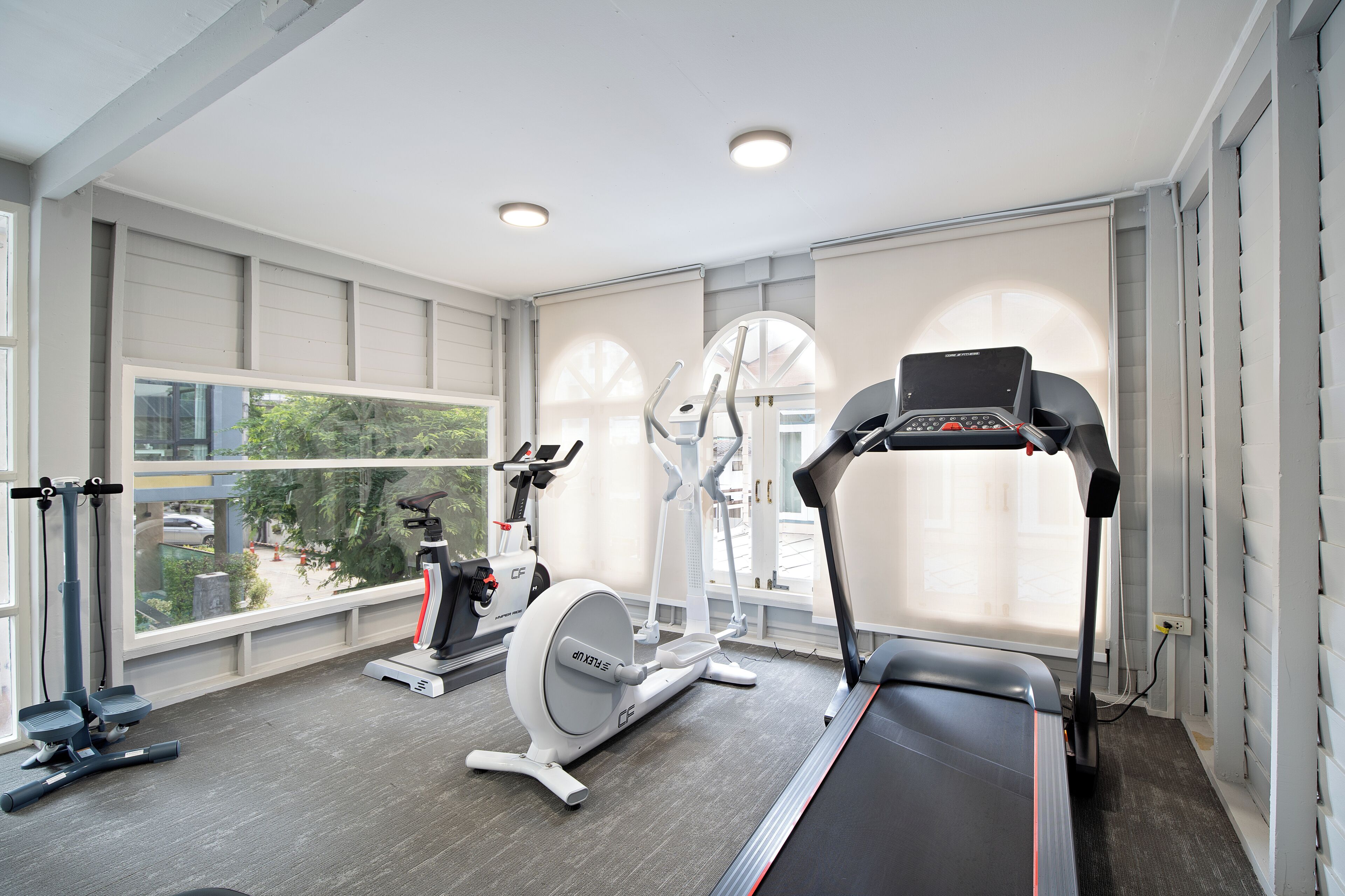 A gym with treadmills, elliptical machines, and free weights.