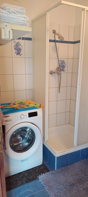Shower, hair dryer, bidet, towels