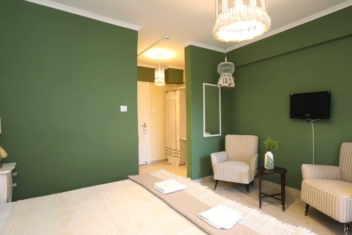 Ein Schlafzimmer mit einem Bett, zwei gestreifte Sessel, einem kleinen Tisch mit einer Pflanze, einem Fernseher an der Wand und einer Chandelieber.