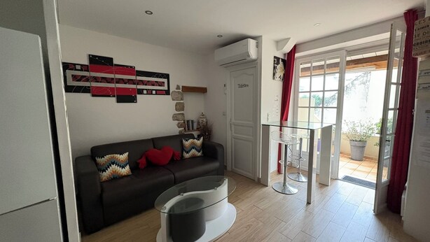Una sala de estar con un sofá, una mesa de centro de vidrio y un cojín con forma de corazón rojo. Hay una puerta que da a un balcón con una planta en maceta.