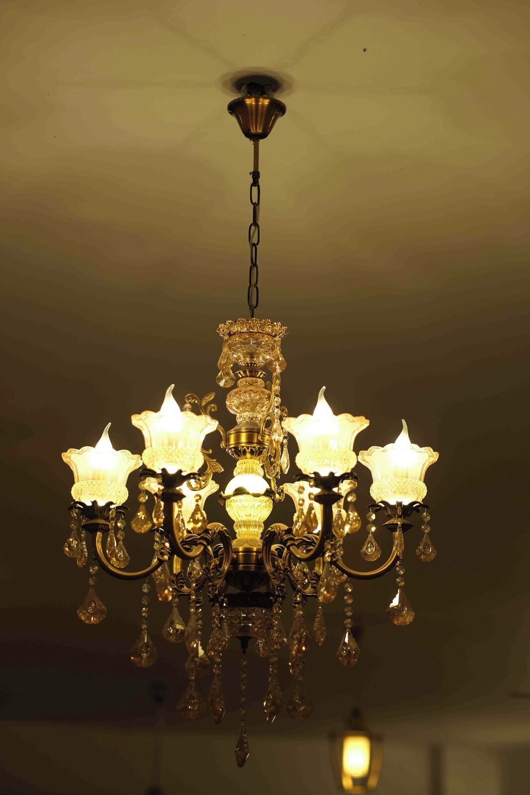 A chandelier with multiple candle-like lights and crystal decorations.