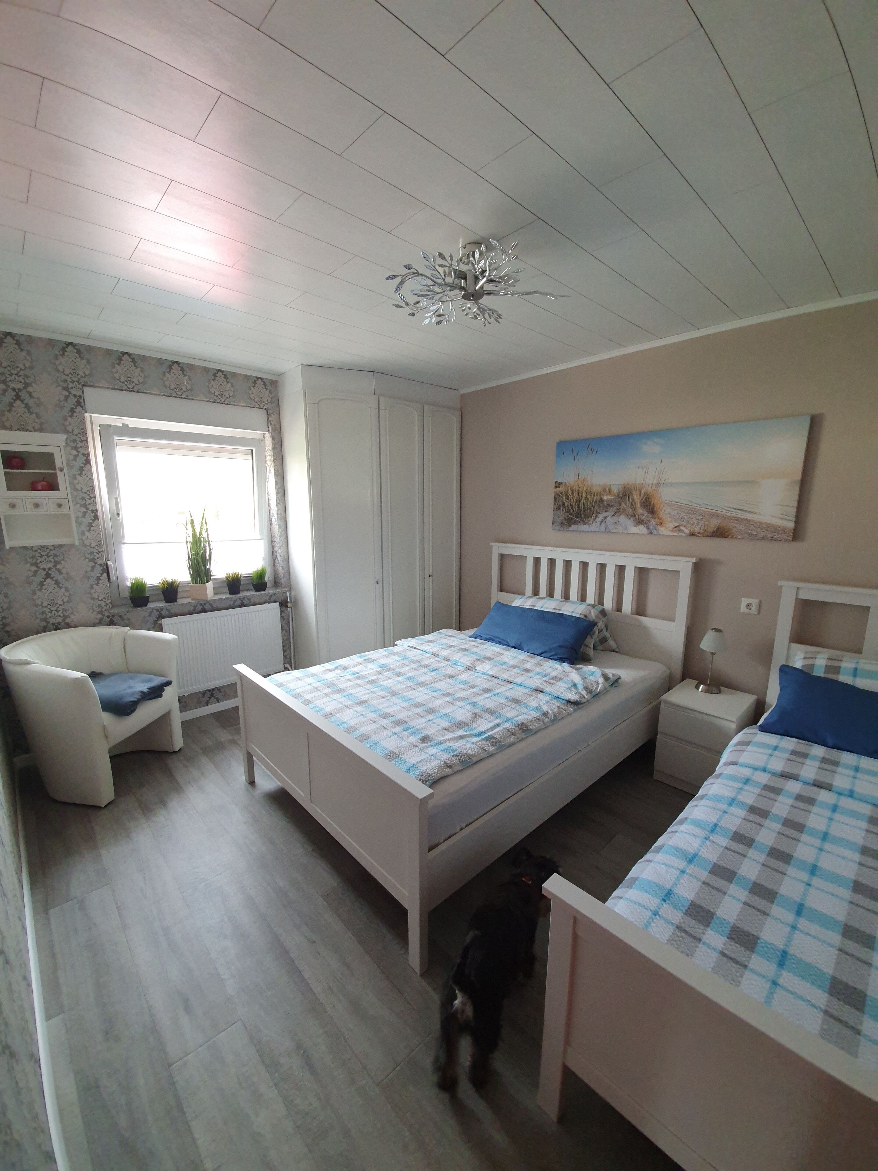 Un dormitorio con cama, una silla, una mesita de noche, un radiador, una ventana con plantas, un ventilador de techo y un cuadro en la pared.
