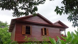 Una casa de madera con techo rojo, dos ventanas con contraventanas y rodeada de abundante vegetación.
