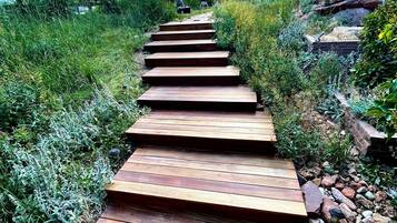 A wooden pathway leading through a garden with various plants and a tree in the background.