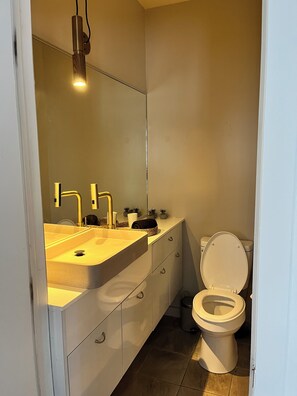 Hair dryer, towels, soap, toilet paper
