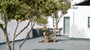 Terrassa exterior moderna amb taula i cadires, envoltada de parets blanques i alguns arbres.