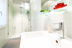 Shower, hair dryer, bidet, towels